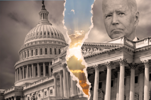 Congress and House of Reps torn in two with sunshine breaking through and Biden in the background