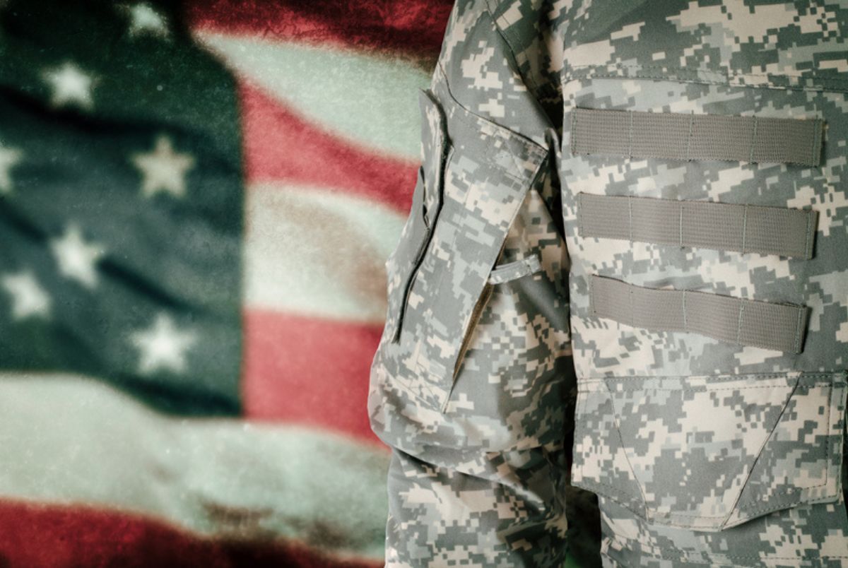 American soldier with flag on the background