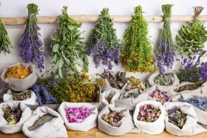 A variety of herbs drying and bagged