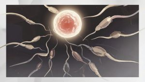 Sperm cells swimming towards a glowing egg, symbolizing the beginning of life and the miracle of conception.