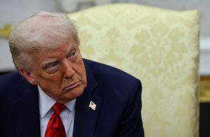 WASHINGTON, DC - APRIL 17: U.S. President Donald Trump listens to reporters' questions as he meets with Italian Prime Minister Giorgia Meloni in the Oval Office at the White House on April 17, 2025 in Washington, DC. Leader of the far-right Brothers of Italy party, Meloni is in Washington to discuss a range of bilateral issues, negotiate the 20 percent “reciprocal” tariff Trump imposed on European imports to the U.S. and to discuss pharmaceutical imports. (Photo by Win McNamee/Getty Images)