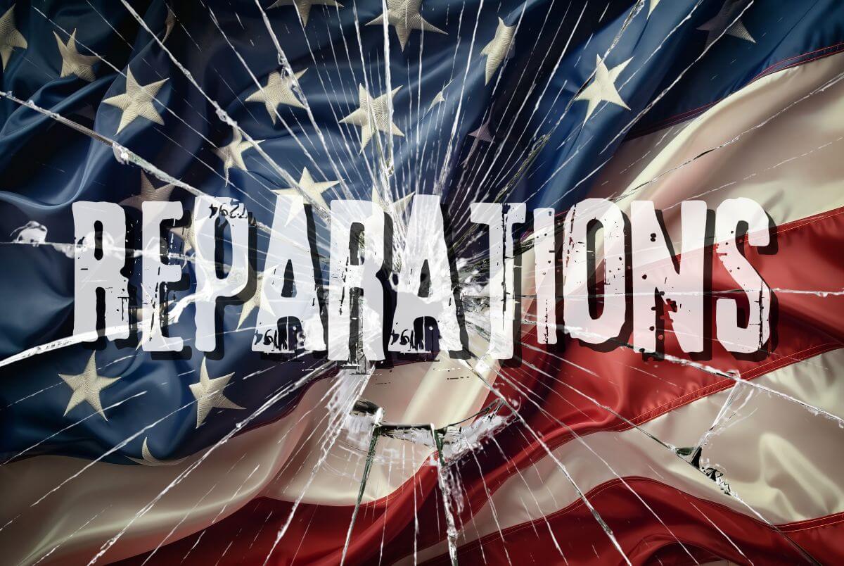 American flag on a broken glass texture with the inscription reparations.