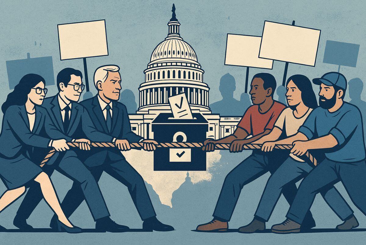 A political tug-of-war graphic showing two sides: on one side, elite urban professionals and media figures; on the other, working-class voters from diverse backgrounds. Include symbols like the Capitol dome, a ballot box, and protest signs to reflect political tension and shifting allegiances.
