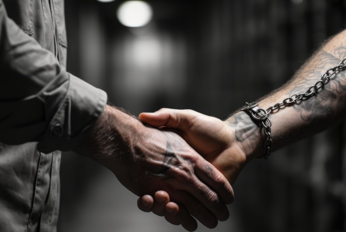 a criminal shaking hands with someone else in a prison.
