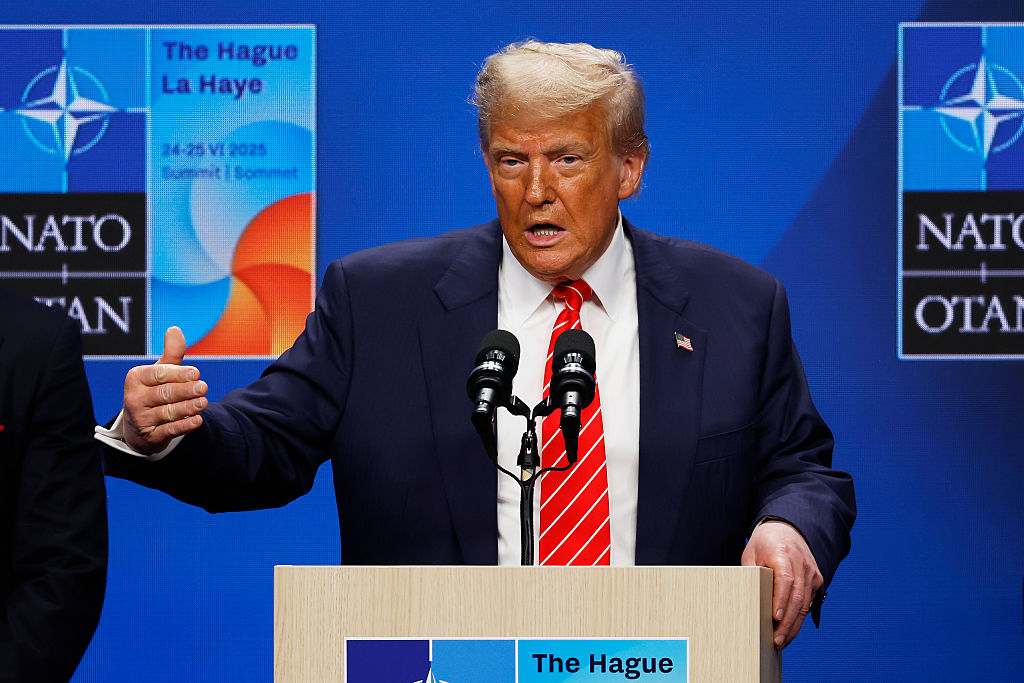 Trump speaking at the NATO Summit in the Netherlands
