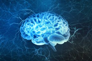 Electrical activity of the human brain. Human brain digital illustration. Electrical activity, flashes and lightning on a blue background