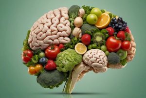 Healthy food composition resembling human brain, isolated on light green background