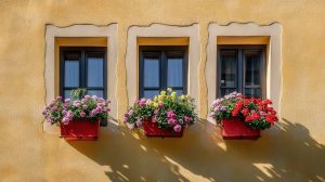 Windows with blooming plants in front