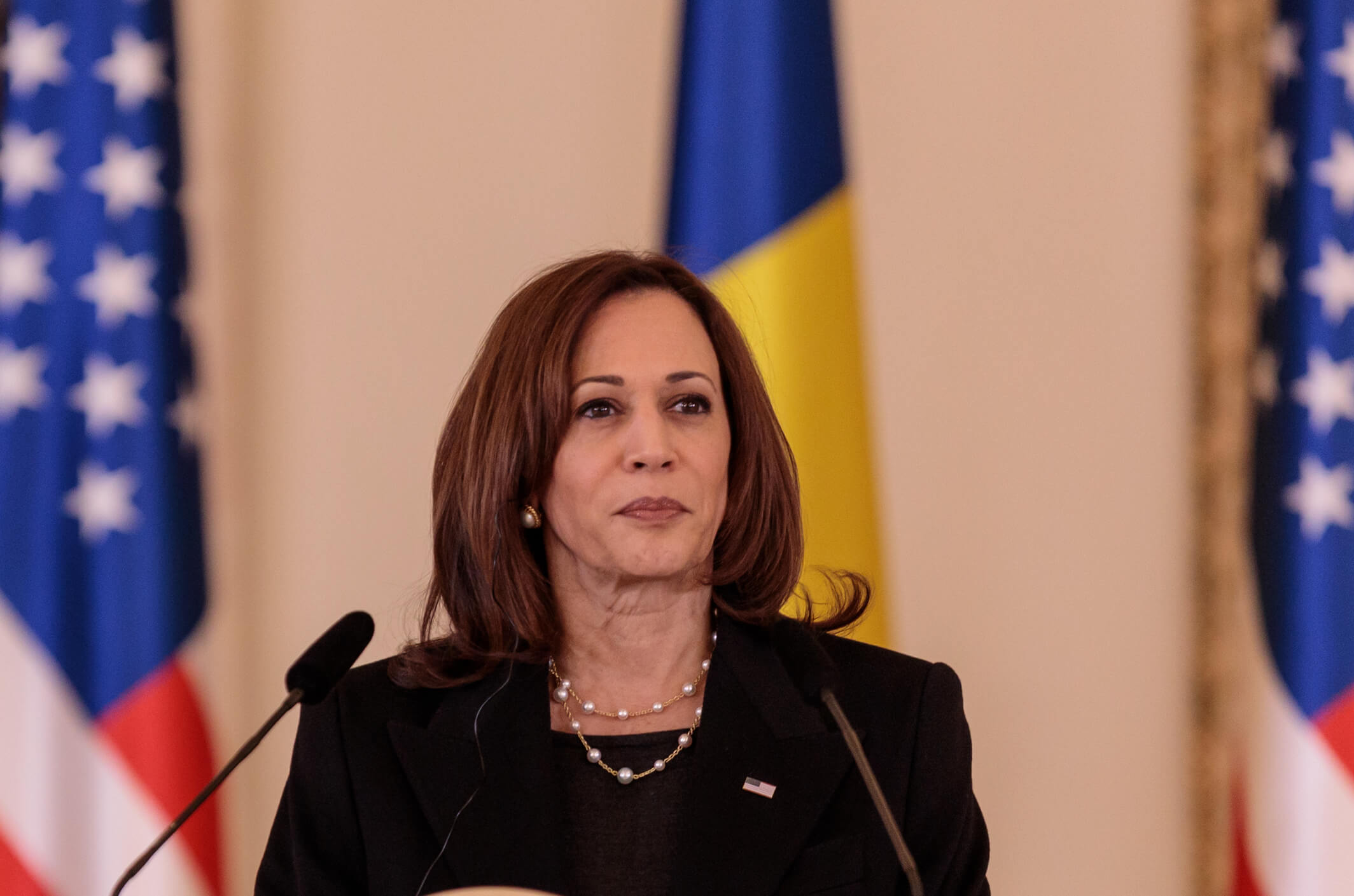 U. S. Vice President Kamala Harris pictured during an official meeting with Romanian President Klaus Iohannis at Cotroceni Palace, in Bucharest, Romania, Friday, March 11, 2022