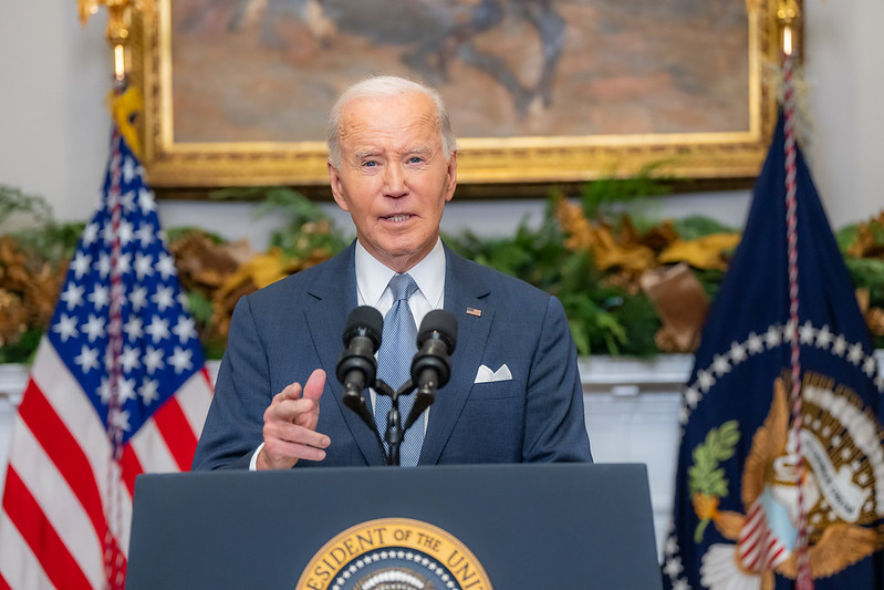 President Joe Biden delivers remarks on the overthrow and collapse of the Syrian government under Bashar al-Assad, Sunday, December 8, 2024, in the Roosevelt Room of the White House.