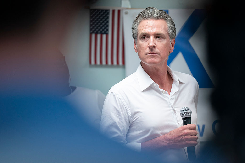 California Gov. Gavin Newsom speaks to a crowd at the Kershaw County Center on July 8, 2025 in Camden, South Carolina.