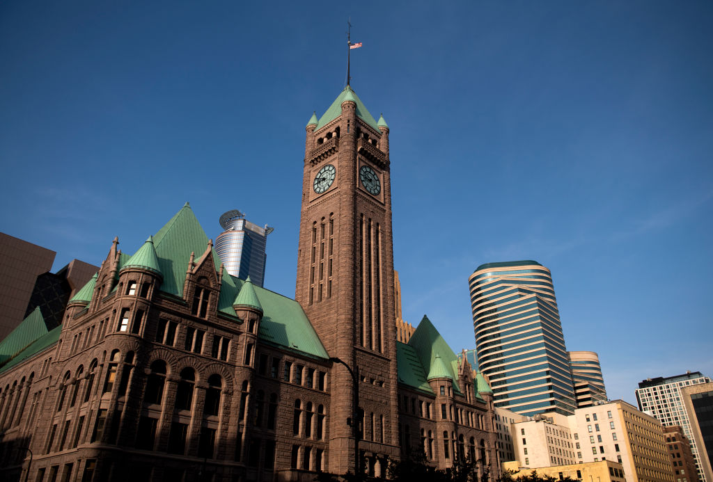 MINNEAPOLIS, MN - APRIL 2: A general view outside the Minneapolis City Hall on April 2, 2021 in Minneapolis, Minnesota. The trial of former Minneapolis police officer Derek Chauvin, who is charged with multiple counts of murder in the death of George Floyd last May, continues today. (Photo by Stephen Maturen/Getty Images)