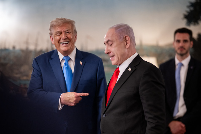 President Donald Trump and Israeli Prime Minister Benjamin Netanyahu speak in the Diplomatic Reception Room before a dinner, Monday, July 7, 2025, at the White House.