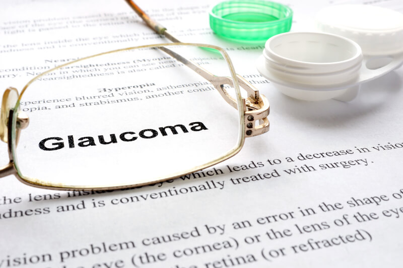 Paper with words glaucoma, glases and container for lenses. Eye disorders.