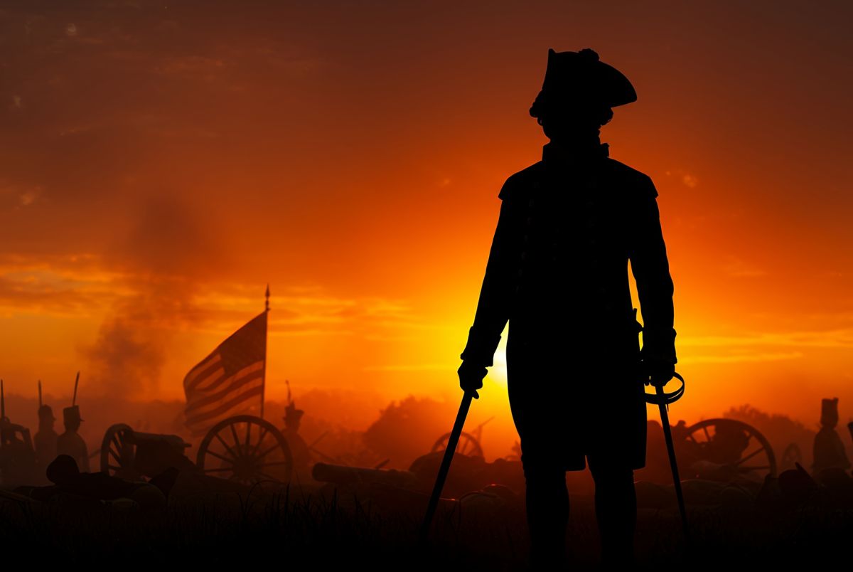 Silhouette of a Revolutionary War Officer Against a Fiery Sunset.