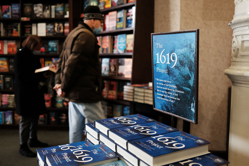 NEW YORK, NEW YORK - NOVEMBER 17: The new book by journalist Nikole Hannah-Jones, "The 1619 Project: A New Origin Story" is displayed at a New York City bookstore on November 17, 2021 in New York City. First published in The New York Times Magazine, "The 1619 Project: A New Origin Story" was written to center the effects of slavery and the achievements of Black people in the history of the United States. (Photo by Spencer Platt/Getty Images)