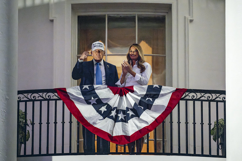 President Donald Trump and First Lady Melania Trump view a 4th of July fireworks display over the National Mall from the Blue Room Balcony, Friday, July 4, 2025.