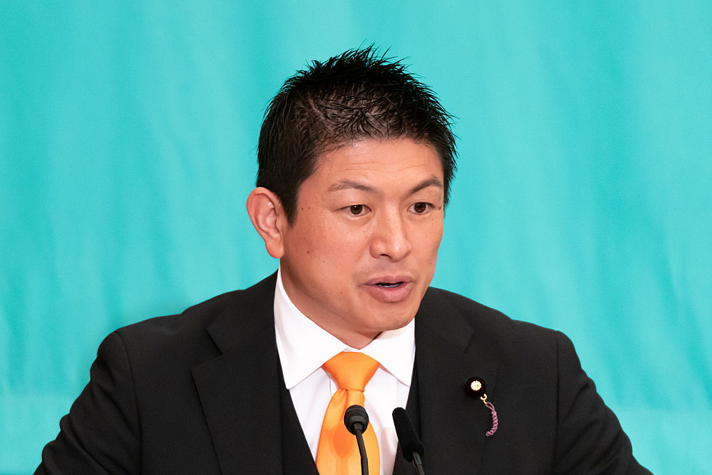 Sanseito Secretary General Sohei Kamiya speaks during a debate with leaders of other political parties at the Japan National Press Club on July 02, 2025 in Tokyo, Japan.