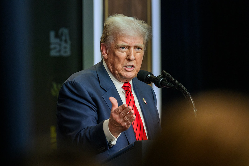 President Donald Trump delivers remarks before signing an executive order creating a task force for the 2028 Los Angeles Olympics, Tuesday, August 5, 2025, in the South Court Auditorium of the Eisenhower Executive Office Building at the White House.