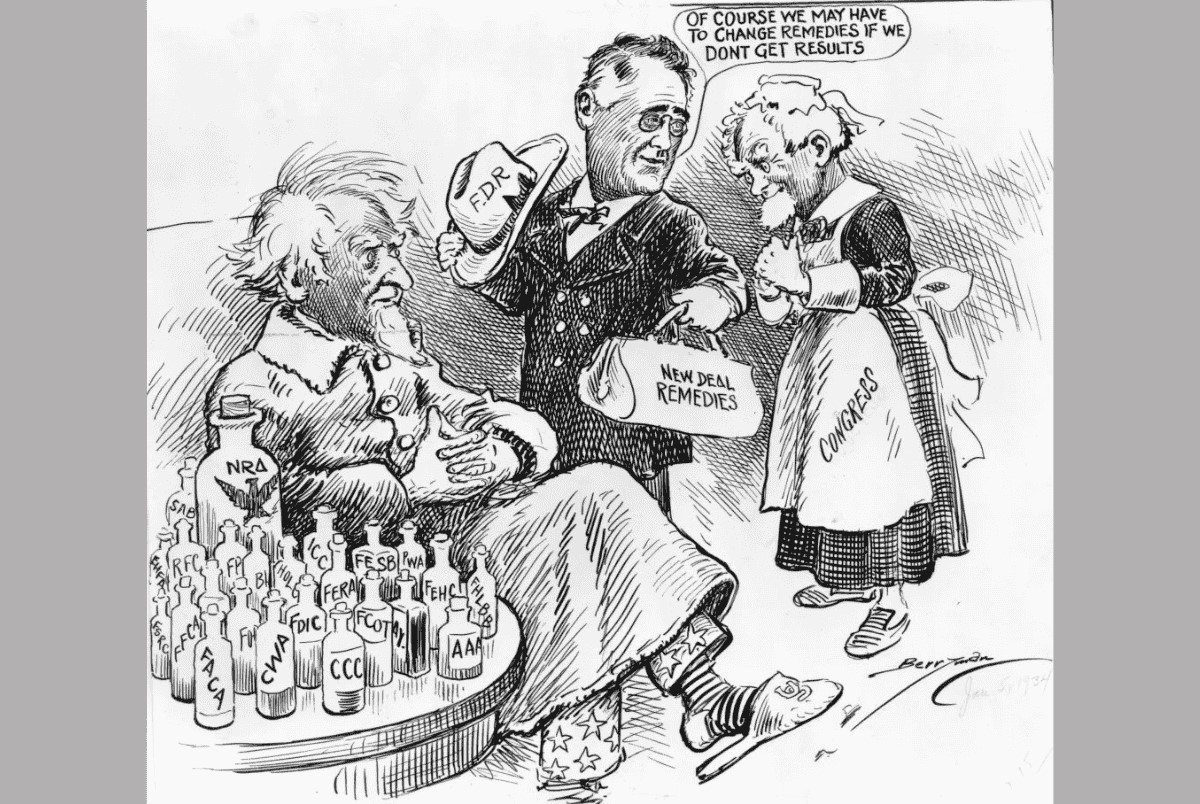 President Franklin Delano Roosevelt (1882 - 1945), seen as Dr New Deal, trying several remedies for an ailing Uncle Sam; Congress is portrayed as a nurse following the doctor's orders. (Photo by MPI/Getty Images)