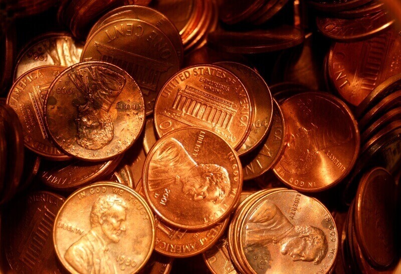 Close-up of assorted copper pennies