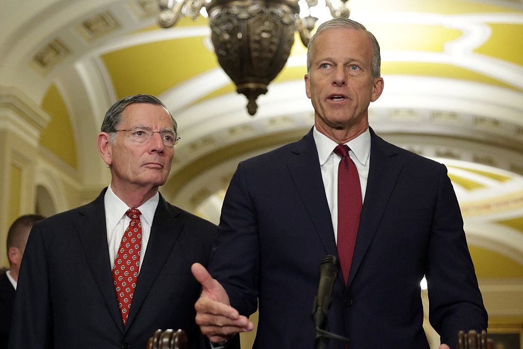 U.S. Senate Majority Leader Sen. John Thune (R-SD) (R) speaks as Senate Majority Whip Sen. John Barrasso (R-WY) (L) listens during a news briefing after the weekly Senate Republican policy luncheon at the U.S. Capitol on July 22, 2025 in Washington, DC.