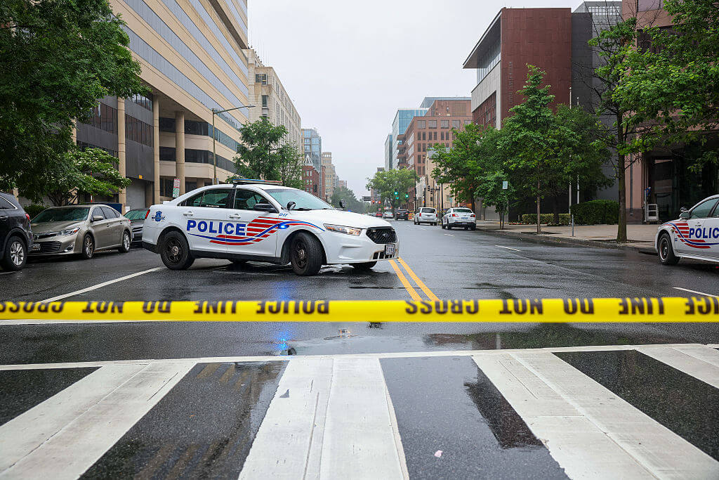 Police and `work at the crime scene, where two Israeli Embassy staff members were killed yesterday evening outside an event at the Capital Jewish Museum, on May 22, 2025 in Washington, DC.