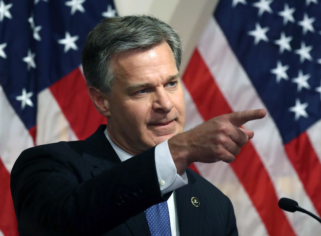 FBI Director is Christopher A. Wray speaks to the media during a news conference at FBI Headquarters, on June 14, 2018 in Washington, DC.