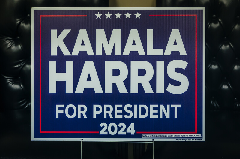 Kamala Harris campaign sign at the Mobile County Democratic Party headquarters in Mobile Alabama. Mobile, Alabama, USA - Aug. 22, 2024: A campaign sign for Democratic presidential nominee Vice President Kamala Harris is pictured at the Mobile County Democratic Party headquarters in Mobile, Alabama.