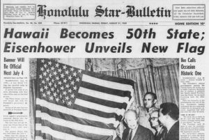 Newspaper clipping from August 21st 1959 showing Hawaii being made the 50th state of the united states