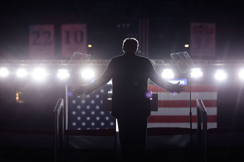 READING, PENNSYLVANIA - NOVEMBER 04: Republican presidential nominee, former U.S. President Donald Trump holds a campaign rally at the Santander Arena on November 04, 2024 in Reading, Pennsylvania. With one day left before the general election, Trump is campaigning for re-election in the battleground states of North Carolina, Pennsylvania and Michigan. (Photo by Chip Somodevilla/Getty Images)