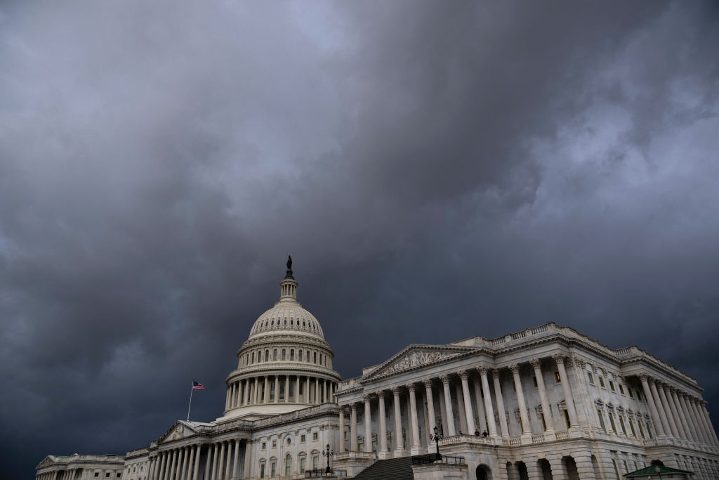 WASHINGTON, DC - SEPTEMBER 22: Storm clouds gather near the U.S. Capitol on Wednesday afternoon September 22, 2021 in Washington, DC. Senate Minority Leader McConnell (R-KY) and other Senate Republicans said that they will not vote to pass a continuing resolution to fund the government that would include an increase to the debt ceiling. (Photo by Drew Angerer/Getty Images)