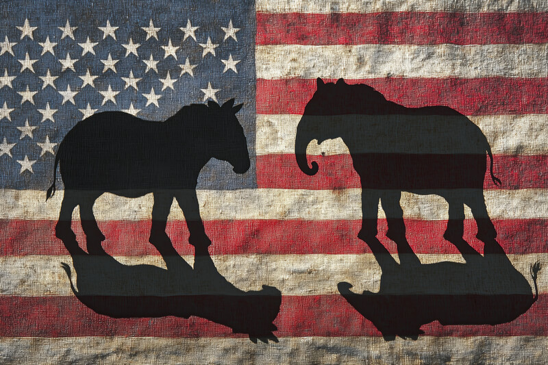 Political shadows reflect ideological divide between parties in America. A donkey and elephant silhouette loom over a worn American flag, symbolizing the enduring ideological battle between Democrats and Republicans in today s political scene. AI generated