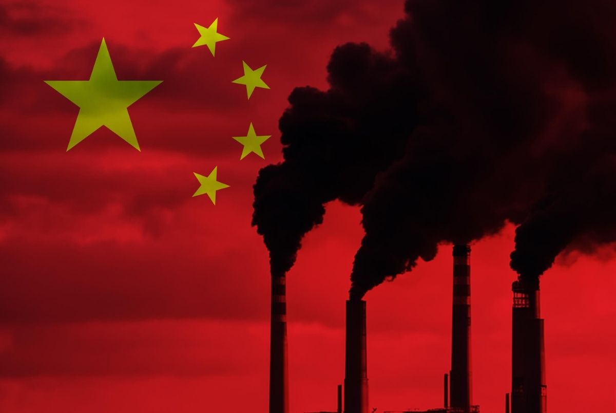 Coal Fired Power Plant with China National Flag Overlay Symbolising Energy Production and Fossil Fuel Use