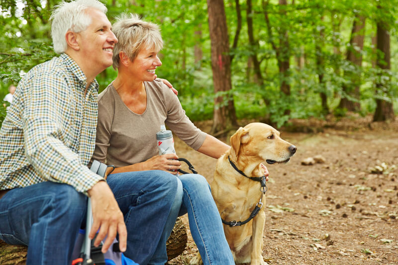 couple with pet in the woods