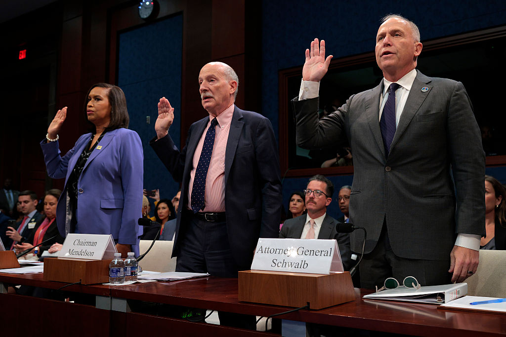 District of Columbia Mayor Muriel Bowser, DC Council Chair Phil Mendelson and DC Attorney General Brian Schwalb are sworn in before testifying to the House Oversight and Government Reform Committee at the U.S. Capitol on September 18, 2025 in Washington, DC.