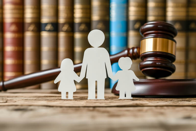 Mother with children without father and judge s hammer.