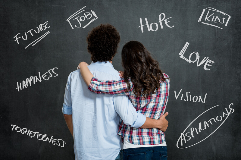 Couple Thinking About The Future. Young Couple With Arm Around Each Other Hope For a Better Future Over Gray Background