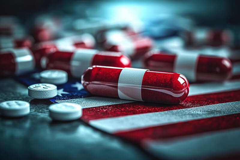 Opioid prescription pills and USA flag, symbolizing the epidemic problem of drug addiction and the opioid crisis in America.