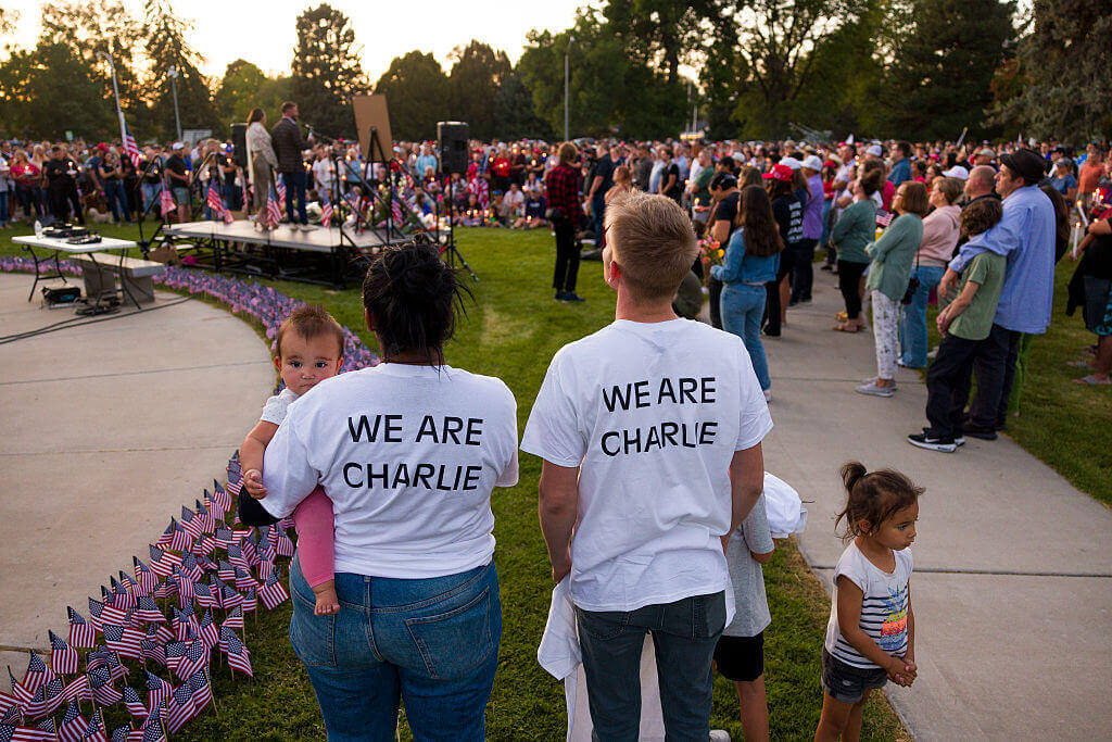 People wear "We are Charlie" shirts at a vigil for political activist Charlie Kirk on September 12, 2025 in Provo, Utah. Charlie Kirk, the CEO and co-founder of Turning Point USA, was shot and killed on Wednesday in Utah.