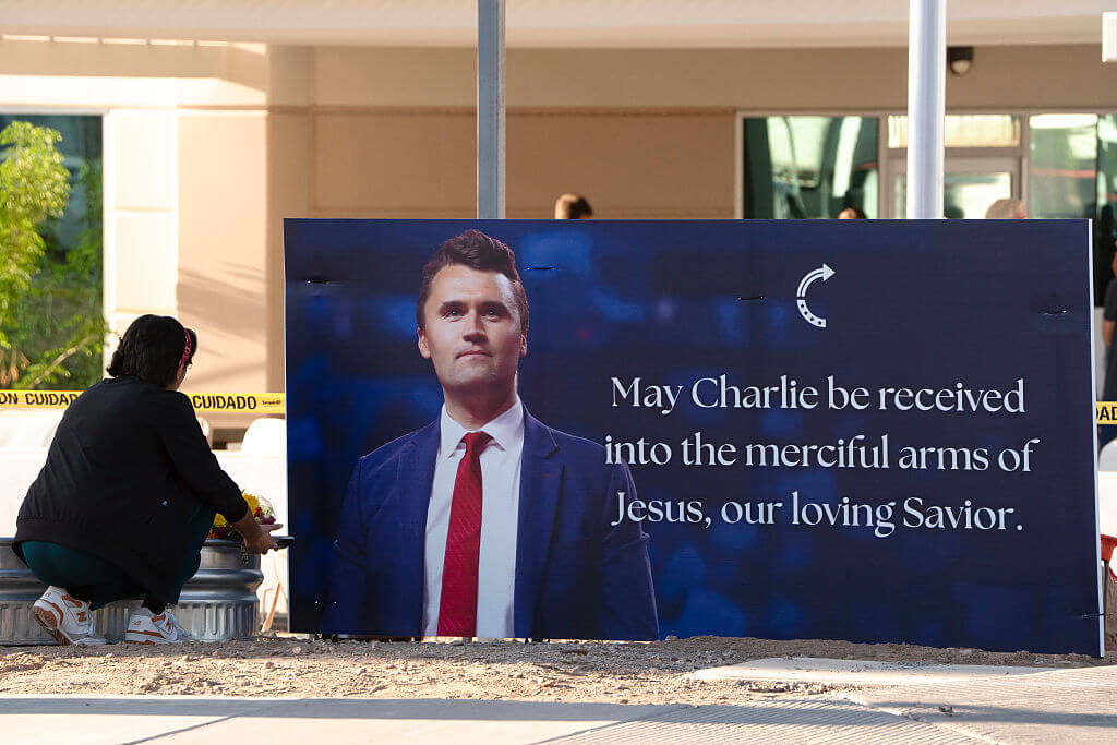 Arizonans mourn Turning Point USA Founder Charlie Kirk outside of the Turning Point USA headquarters on September 10, 2025 in Phoenix, Arizona.