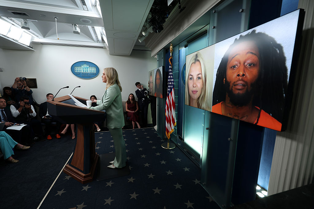 White House Press Secretary Karoline Leavitt speaks about the killing of Ukrainian refugee Iryna Zarutska by suspect Decarlos Brown (R) during a daily press briefing in the Brady Press Briefing Room at the White House on September 9, 2025 in Washington, DC.