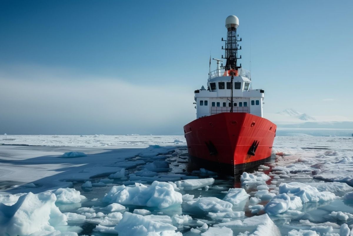 An icebreaker makes its way through a frozen sea in Alaska. AI generated