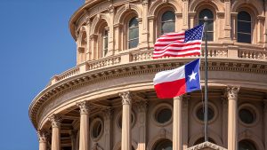 The Chris Larkin ALS Act Expands Medigap Coverage for Texans Under 65. American and Texas Flags Flying at the Texas State Capitol Building in Austin. American and Texas state flags flying on the dome of the Texas State Capitol building in Austin.