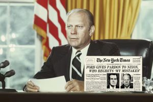President Gerald Ford giving speech pardoning Richard Nixon