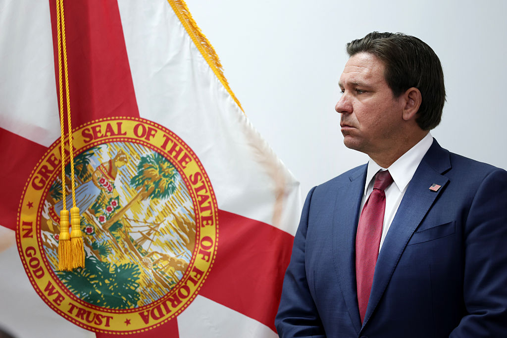 MIAMI, FLORIDA - APRIL 10: Florida Governor Ron DeSantis speaks during a press conference on April 10, 2025 in Miami, Florida. DeSantis talked about his desire to relieve Florida condo owners of the high fees they are struggling with after they were put in place following the 2021 collapse of the condominium tower in Surfside, Florida. (Photo by Joe Raedle/Getty Images)