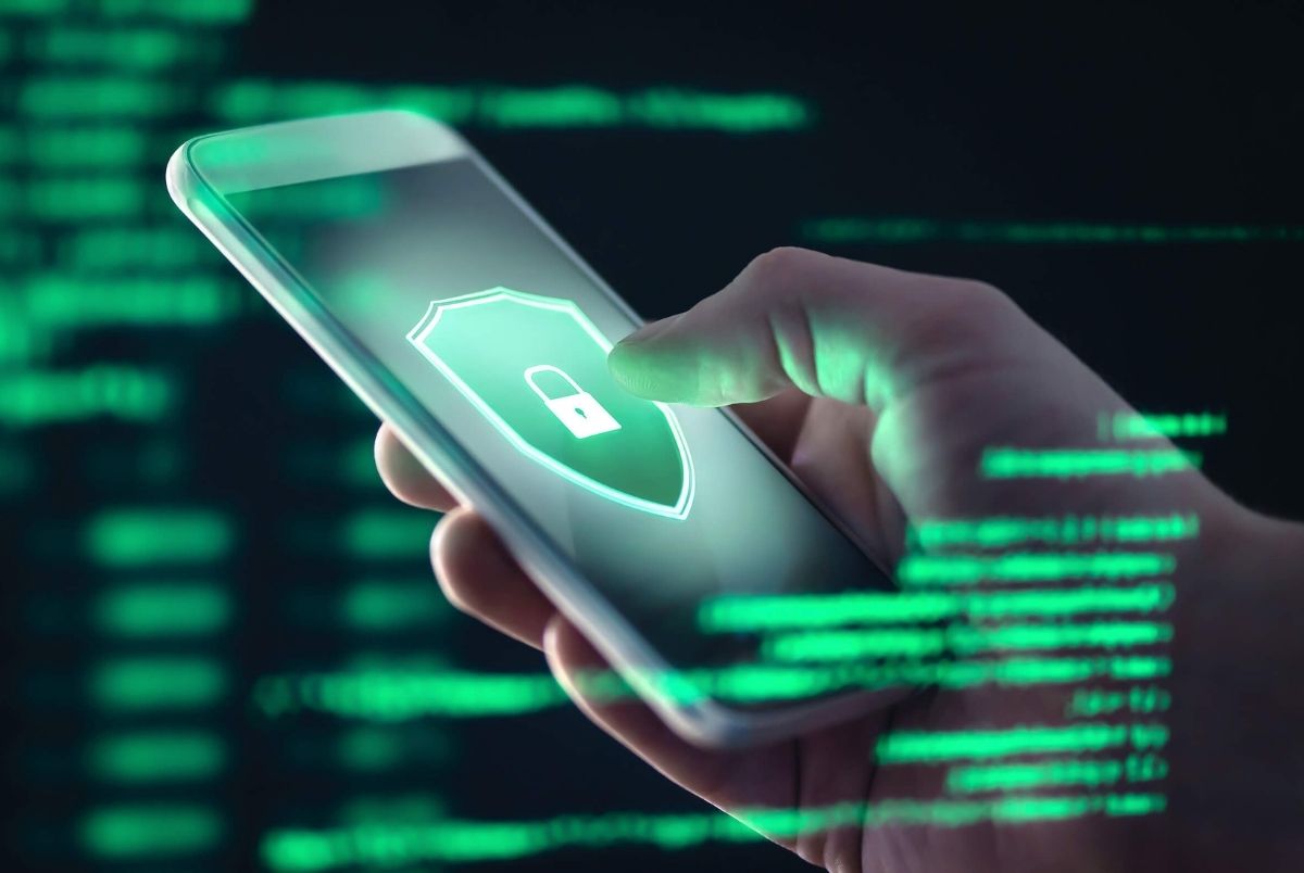 Mobile phone personal data and cyber security threat concept. Cellphone fraud. Smartphone hacked with illegal spyware. Smartphone hacked with illegal spyware, ransomware or trojan software. Hacker doing online scam. Antivirus error.