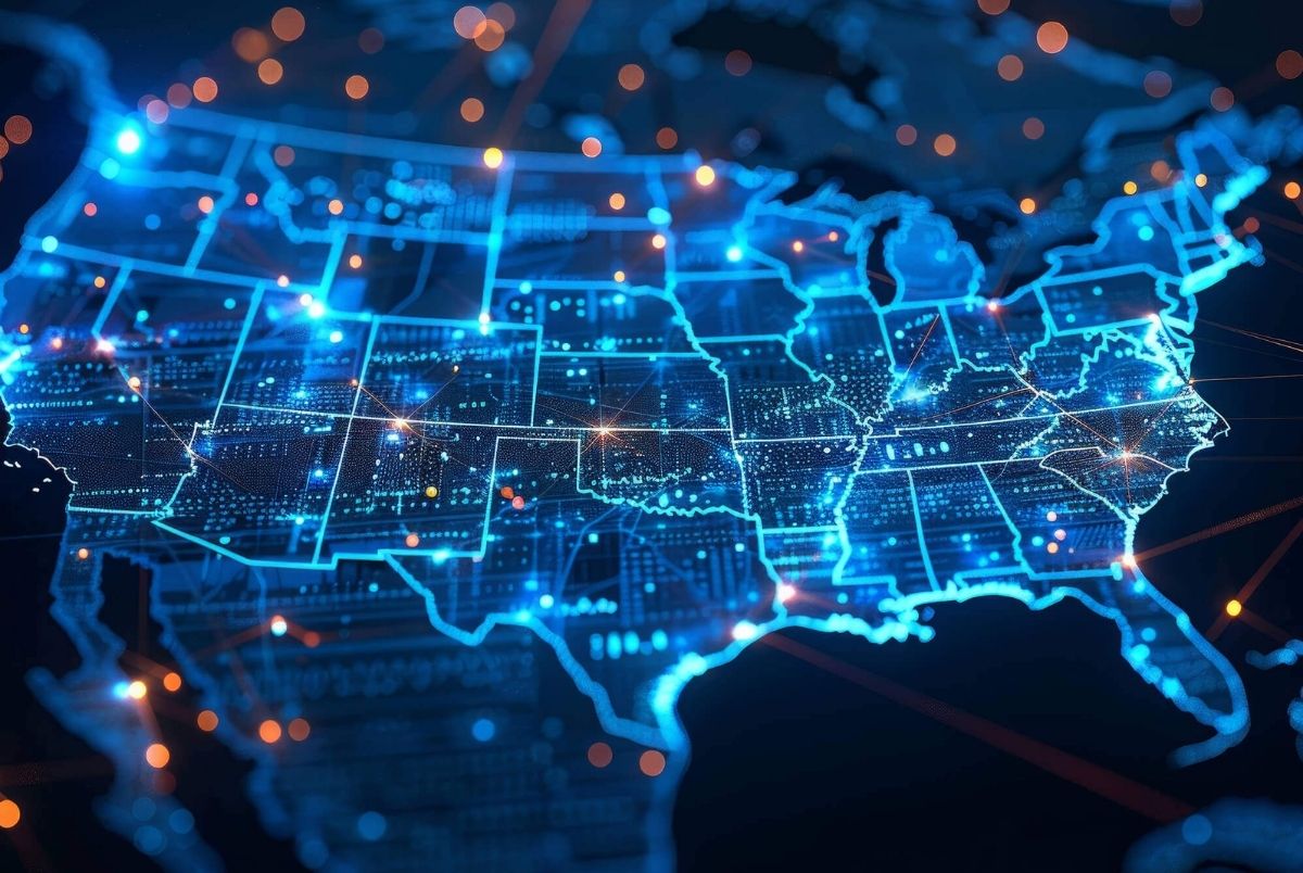 Digital map of USA, concept of North America global network and connectivity, data transfer and cyber technology, information exchange and telecommunication