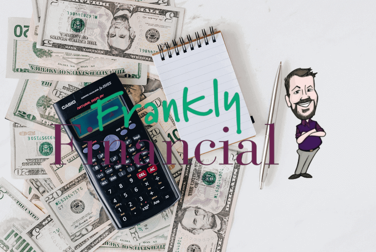 Pile of us currency with calculator and note pad - Frankly Financial Logo