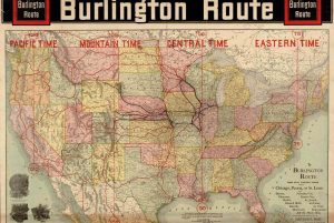Burlington Railroad Route map showing standard time zones in 1883
